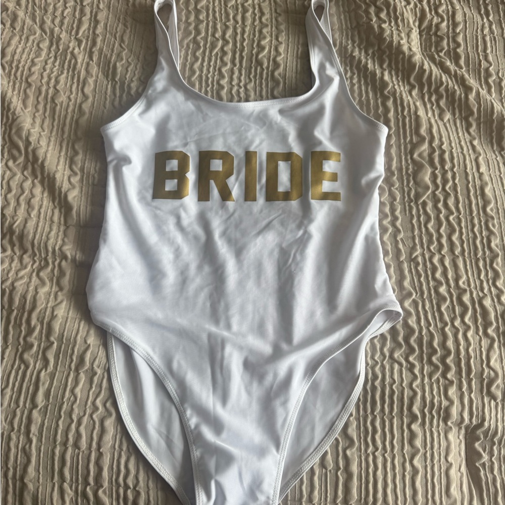 White Bride Swimsuit with Gold Lettering